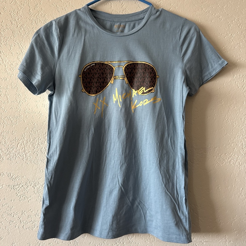 Michael Kors Light Blue Tee with Gold Sunglasses Graphic